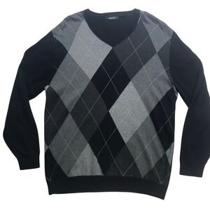 Claiborne Mens V Neck Argyle Sweater Black Grey Long Sleeve Pullover Knit Size L